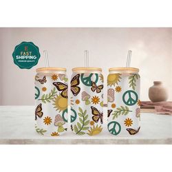 Butterfly Floral Glass Cup for Women, Sun Iced Coffee Cup, Sunflower Can For Women, Butterfly Glass Can, Floral Ice Coff