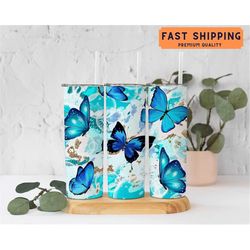 blue butterfly tumbler, butterfly gifts, glitter blue butterfly tumbler cup with straw, butterfly gifts for women, butte