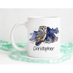 Owl mug, custom name coffee mug, owl gift, watercolor owl art, owl art, dishwasher safe