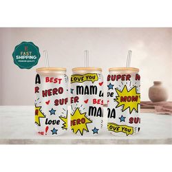 Mom Super Hero Glass Cup for Mom for Mothers Day, Mom Affirmations Tumbler, Mama Glass Tumbler for Mothers Day, Mom Glas