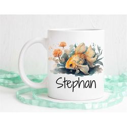 goldfish mug, custom name mug, fish keeper gift, watercolor goldfish art, aquarium coffee mug, dishwasher safe