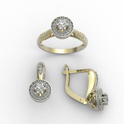 3d model of a jewelry ring and earrings with a large gemstone for printing. Engagement ring and earrings. 3d printing