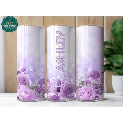 Custom Name Purple Floral Tumbler, Personalized Name Cup, Name Cup With Straw, Tumbler With Lid and Straw, Tumbler With