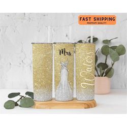 Personalized Name Glitter Tumbler, Cute Wedding Day Gift For Bride From Groom, Custom Mrs Tumbler Gift For Bride To Be