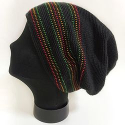 Rasta Hat for Dreadlocks Embroidery . Black Crochet Cap . Handmade Hand Knitting . Green Yellow Red Reggae style