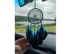 Handmade Feather Turquoise Blue and Black Dream Catcher for Car Rearview Mirror