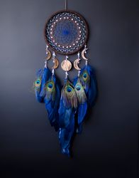 Large Handmade Peacock Navy Dream Catcher with Moon Phases | Moon Dreamcatcher