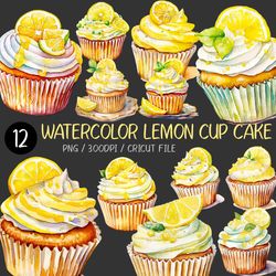 Watercolor Lemon Cup Cake Clip Art | Dessert Png, Sweet Bakery, Dripping Syrup, Bundle, Cute Food, Baking, Fruit, Leaves