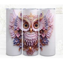 3D Flower Tumbler Wrap, Embroidered Owl 3D Digital Art