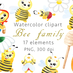 Watercolor Clipart bee family, PNG