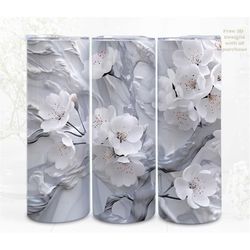 3D Flower Tumbler Wrap, White Cherry Blossom Digital Art, Sublimation, Straight Skinny 20 oz Tumbler Wrap, Instant Downl