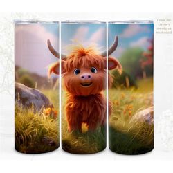 3D Highland Tumbler Wrap Sublimation Baby Cow, 300dpi Straight Skinny 20 oz Tumbler Wrap, 3D Design, Commercial Use