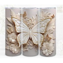 3D White Tumbler Wrap Sublimation White Butterfly, 300dpi Straight Skinny 20 oz Tumbler Wrap, 3D Design, Commercial Use