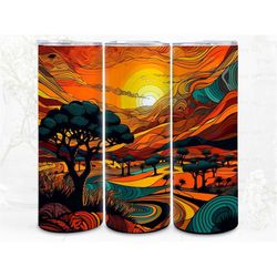 african landscape colorful digital art print, sublimation, straight skinny 20 oz tumbler wrap, fabrics, wall art, pod, i