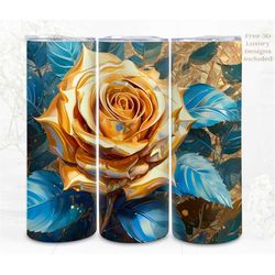 3D Flower Tumbler Wrap, Lux Gold Rose 3D Digital Art, Papercraft Sublimation, Straight Skinny 20 oz Tumbler Wrap, Instan