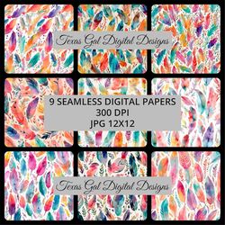 Feather Digital Paper, 9 Seamless Bright Color Feather Patterns Digital Paper, Feathers Digital Paper, Seamless Feather