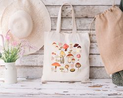 mushrooms canvas tote bag, mushroom plant floral tote bag, aesthetic cute shopping bag, vintage women tote bag