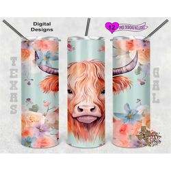 Highland Cow Tumbler Wrap, Watercolor Tumbler Wrap, 20 oz Skinny Tumbler Sublimation Design, Seamless Design