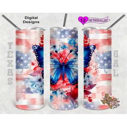 Butterfly Tumbler Wrap, Patriotic Tumbler Wrap, Watercolor Tumbler Wrap, 20oz Sublimation Tumbler PNG, Seamless Design
