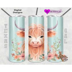 highland cow tumbler wrap, watercolor tumbler wrap, 20oz sublimation tumbler png, digital download, seamless design