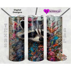 Embroidery Tumbler Wrap, Raccoon Tumbler Wrap, 20 oz Skinny Tumbler Sublimation Design, Seamless Pattern