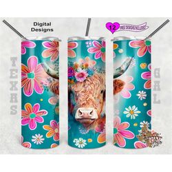 Highland Cow Tumbler Wrap, Flower Tumbler Wrap,  Watercolor Tumbler Wrap, 20 oz Skinny Tumbler Sublimation Design, Seaml