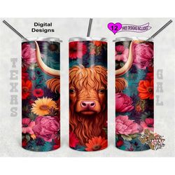 Highland Cow Tumbler Wrap, Flower Tumbler Wrap, Watercolor Tumbler Wrap, 20 oz Skinny Tumbler Sublimation Design, Seamle