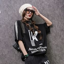 New short-sleeved printed stitching stand collar loose plus size T-shirt