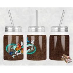 Mason Jar Straight Tumbler Butterflies Leather Sublimation Design PNG Instant DIGITAL ONLY