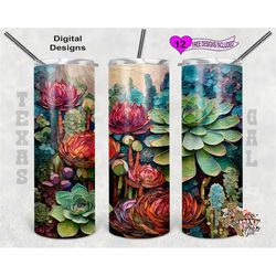 Succulent Tumbler Wrap, Painted Tumbler Wrap, Watercolor Tumbler Wrap, 20oz Sublimation Tumbler PNG, Seamless Design