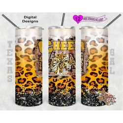 20 oz Skinny Tumbler Cheer Mom Yellow Leopard  Sublimation Design PNG Instant DIGITAL ONLY