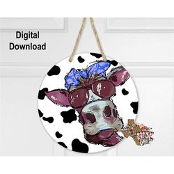 Sublimation Round Door Hanger Design Cow Print Cute Cow Hand Painted Digital Download PNG