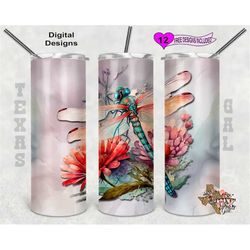 Dragonfly Tumbler Wrap, Watercolor Tumbler Wrap, 20oz Sublimation Tumbler PNG, Seamless Design