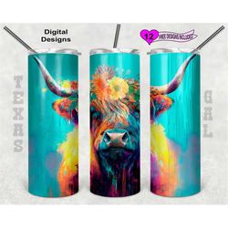 Highland Cow Tumbler Wrap, Watercolor Tumbler Wrap, 20oz Sublimation Tumbler PNG, Digital Download, Seamless Design