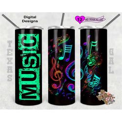 Music Notes Tumbler Wrap, Neon Tumbler Wrap, 20 oz Skinny Tumbler Sublimation Design, Seamless Pattern