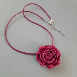Bordo leather rose pendant 3rd anniversary gift for wife, Leather women's jewelry
