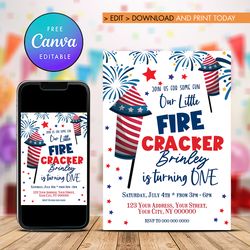 4th of July First Birthday Invitation, 4th of July Party Invitation Canva Editable Instant Download