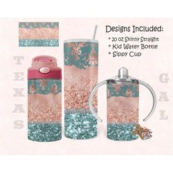 Teal Rose Gold Bundle 20oz Skinny Tumbler Design 12 oz Water Bottle Sippy Cup Tumbler Sublimation Digital Download PNG