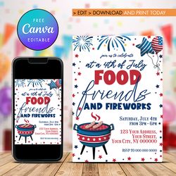 4th of July Party Invitation, 4th of July BBQ Party Invitation Canva Editable Instant Download