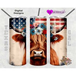 Highland Cow Tumbler Wrap, Flag Tumbler Wrap, Watercolor Tumbler Wrap, 20oz Sublimation Tumbler PNG, Seamless Design