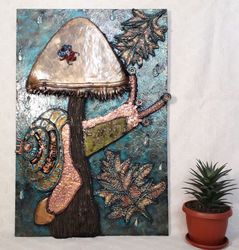 Steampunk Snail, gift for her, canvas animal, on the wall, 3d loft art, big mushroom, autumn decor cafe, fantastic slug
