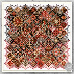Cross Stitch Sampler Mosaic Geometric Cross Stitch Garden Red Cross Stitch Pattern - Folk Ethnic Design 347
