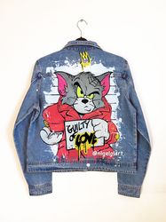 Tom and Jerry cat mouse Painted Denim Jacket Custom denim jacket Personalized jean jackets Portraits from photos Disney