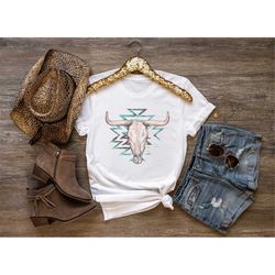Cow Skull Shirt,Western Aztec Bull Skull Shirt,Boho Cow Skull Tee,Vintage Western Gift,Cowgirl Shirt,Southern Tee,Rodeo