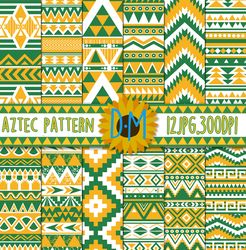Yellow Green Aztec Digital Paper set, 12 Aztec seamless patterns for scrapbooking and crafting, tribal, ikat, geometric