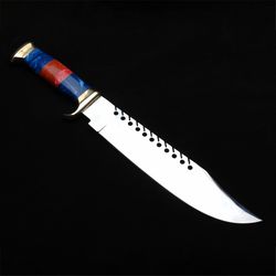CUSTOM HANDMADE DE STEEL BOWIE HUNTING KNIFE  WITH LEATHER SHEATH COTTON MICARTA GIFT KNIFE MKMK5251M
