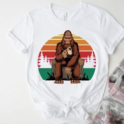 Vintage Bigfoot Shirt,Retro Sunset Shirt,Big Foot Having Coffee,Funny Sarcastic Tee,B