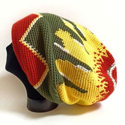 Rasta Hat for Dreadlocks Embroidery. Crochet Cap . Handmade Hand Knitting . Green Yellow Red Reggae style Jah Rastafari