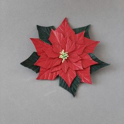 Red poinsettia leather brooch 3rd anniversary gift for wife, Leather women's jewelry