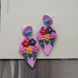 Handmade flower fuchsia drop pattern vintage polymer clay earrings for women girls